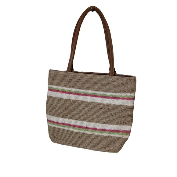 Vintage Woven Striped Shoulder Bag Beige Cream Green Pink - Picture 7 of 8